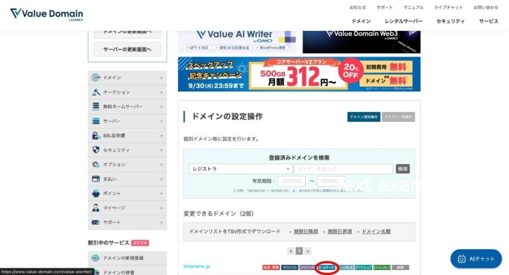 ネームサーバー選択
